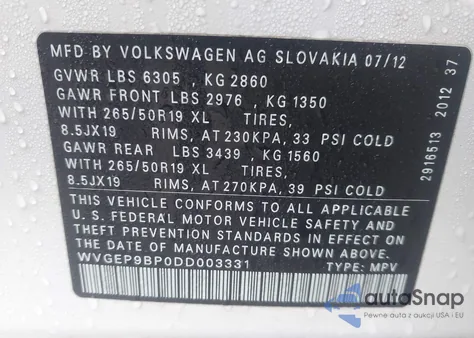 2013 Volkswagen Touareg Tdi Lux из США, поврежденный, VIN WVGEP9BP0DD003331